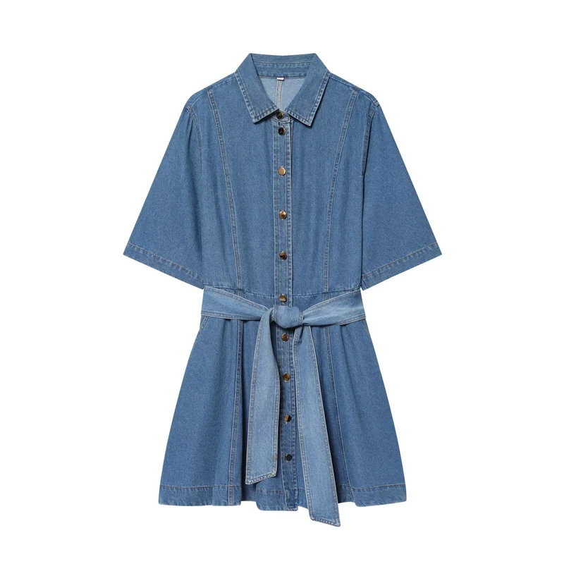Damen Denim-Hemdblusenkleid mit Taillengürtel und ausgestellter A-Linie Drune