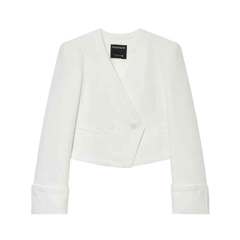 Damen Cropped Zweireihiger Blazer mit tiefem V-Ausschnitt und Manschetten Drune