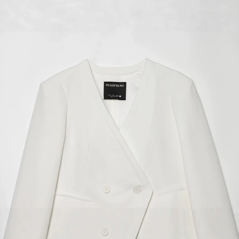 Damen Cropped Zweireihiger Blazer mit tiefem V-Ausschnitt und Manschetten Drune