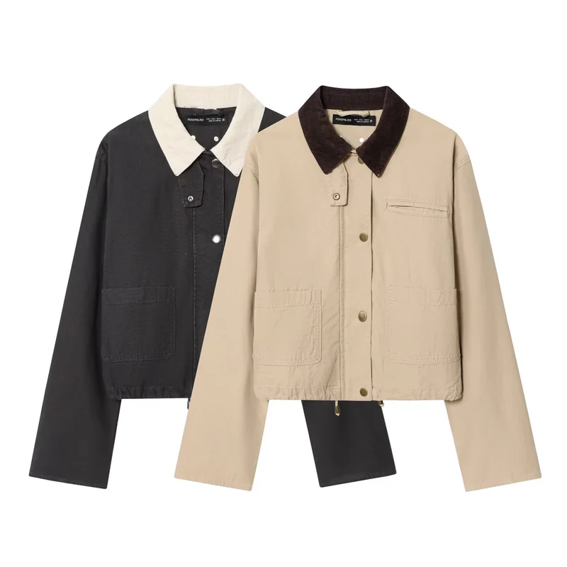 Damen Cropped-Workjacke mit Cordkragen, aufgesetzten Taschen und Tunnelzug Drune