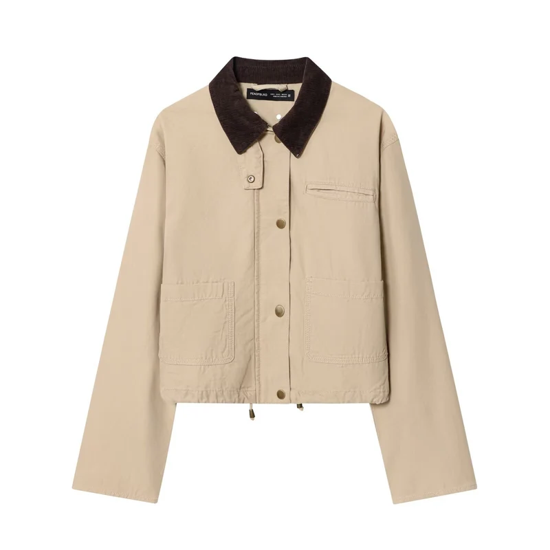 Damen Cropped-Workjacke mit Cordkragen, aufgesetzten Taschen und Tunnelzug Drune