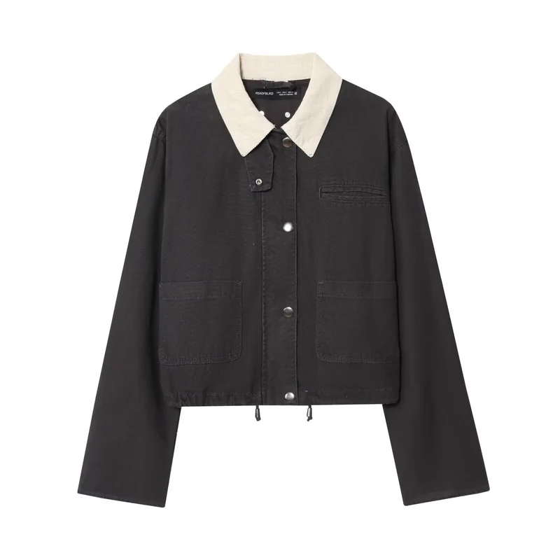 Damen Cropped-Workjacke mit Cordkragen, aufgesetzten Taschen und Tunnelzug Drune