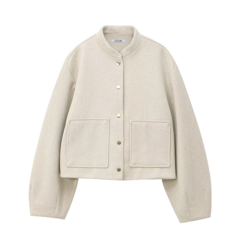 Damen Cropped Wollmix‑Jacke im Boxy‑Schnitt mit Stehkragen und aufgesetzten Taschen Drune