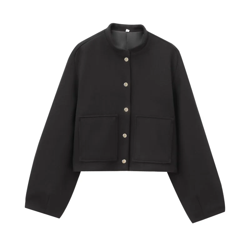 Damen Cropped Wollmix‑Jacke im Boxy‑Schnitt mit Stehkragen und aufgesetzten Taschen Drune