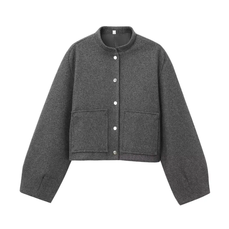 Damen Cropped Wollmix‑Jacke im Boxy‑Schnitt mit Stehkragen und aufgesetzten Taschen Drune