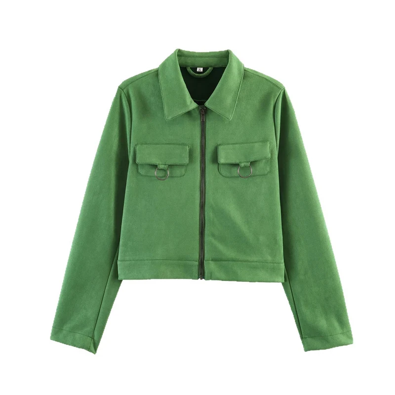 Damen Cropped Veloursjacke mit Hemdkragen, Reißverschluss und Zierringen Drune