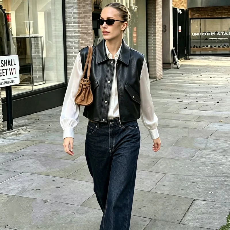 Damen Cropped Utility Weste aus Lederoptik mit Kragen, Ringzipper und aufgesetzten Pattentaschen Drune
