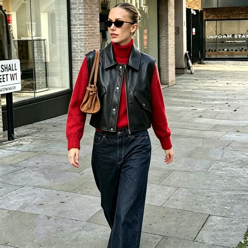 Damen Cropped Utility Weste aus Lederoptik mit Kragen, Ringzipper und aufgesetzten Pattentaschen Drune