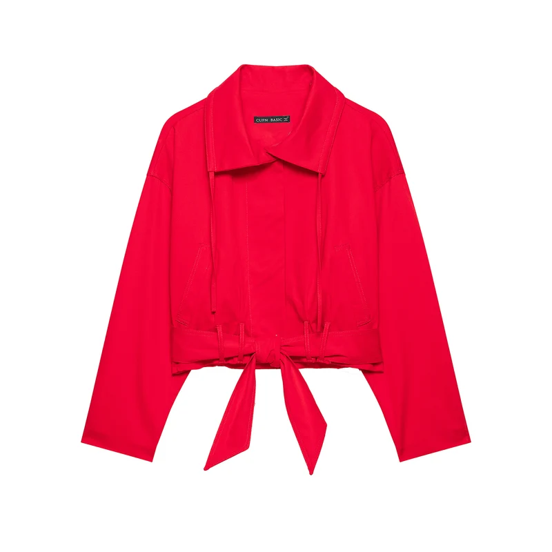 Damen Cropped Übergangsjacke mit Tunnelzugtaillierung, weitem Hemdkragen und Bindegürtel Drune