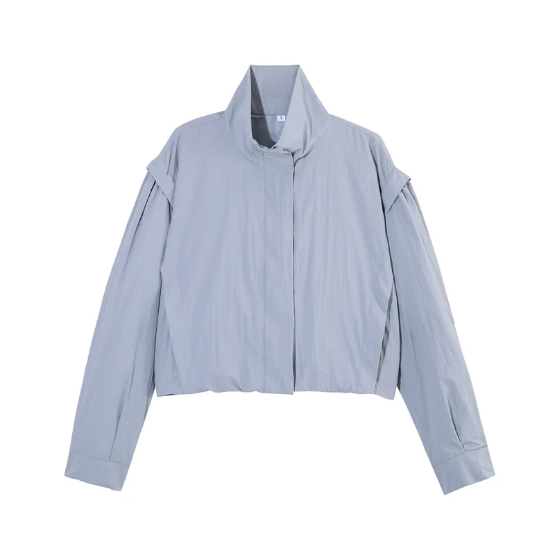 Damen Cropped-Übergangsjacke mit Stehkragen und gerafften Schulterdetails Drune