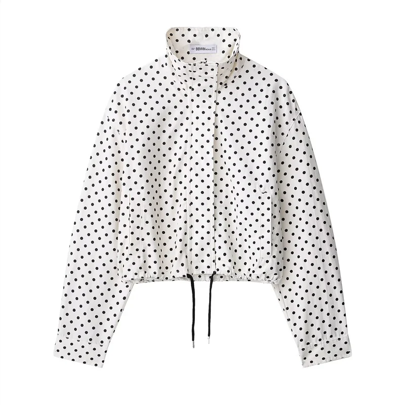 Damen Cropped-Übergangsjacke mit Polka-Dot, hohem Funnelkragen und Tunnelzug Drune