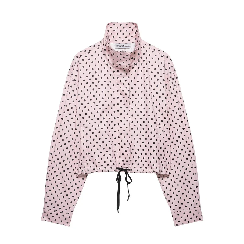 Damen Cropped-Übergangsjacke mit Polka-Dot, hohem Funnelkragen und Tunnelzug Drune