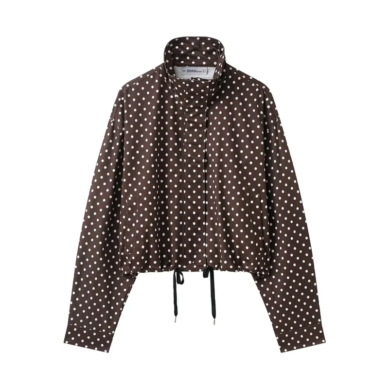 Damen Cropped-Übergangsjacke mit Polka-Dot, hohem Funnelkragen und Tunnelzug Drune