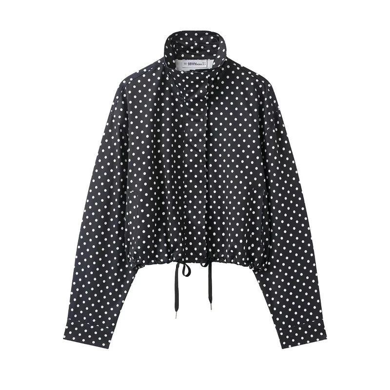Damen Cropped-Übergangsjacke mit Polka-Dot, hohem Funnelkragen und Tunnelzug Drune