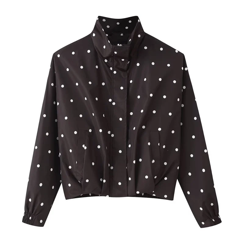 Damen Cropped-Übergangsjacke im Polka‑Dot-Design mit Stehkragen und elastischen Bündchen Drune