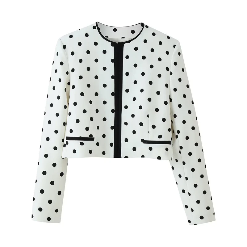 Damen Cropped‑Übergangsjacke im Polka‑Dot‑Design mit rundem Ausschnitt und kontrastierter Blendenverarbeitung Drune