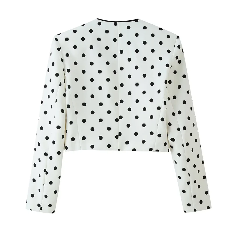 Damen Cropped‑Übergangsjacke im Polka‑Dot‑Design mit rundem Ausschnitt und kontrastierter Blendenverarbeitung Drune