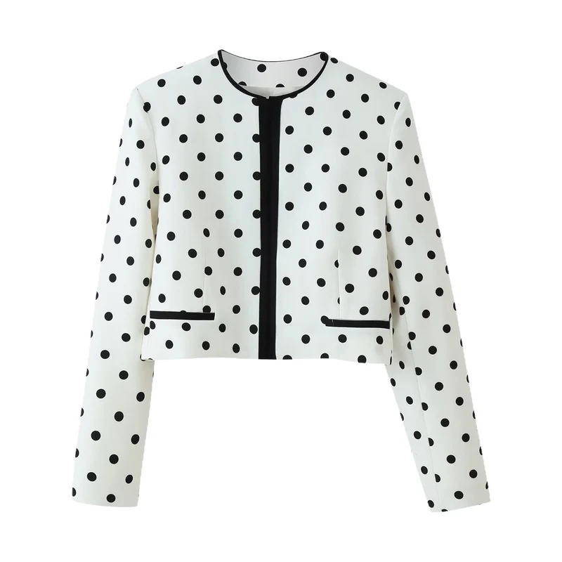 Damen Cropped‑Übergangsjacke im Polka‑Dot‑Design mit rundem Ausschnitt und kontrastierter Blendenverarbeitung Drune