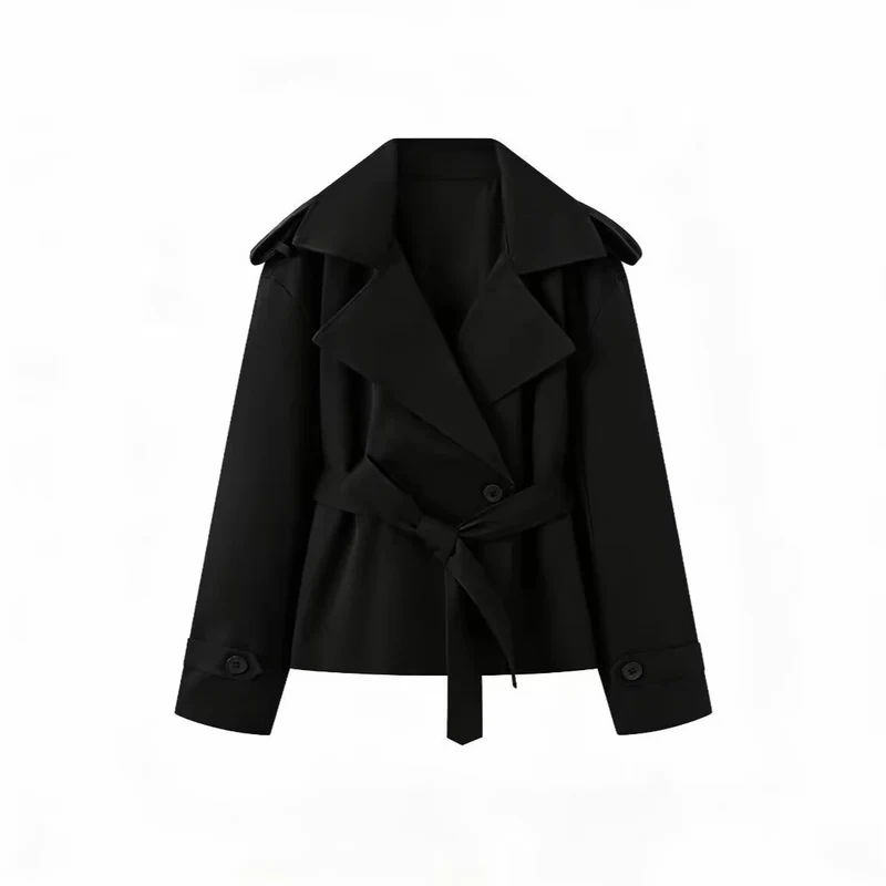 Damen Cropped-Trenchjacke mit weitem Schalkragen und Taillenbindegürtel Drune