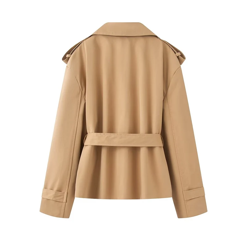 Damen Cropped-Trenchjacke mit weitem Schalkragen und Taillenbindegürtel Drune