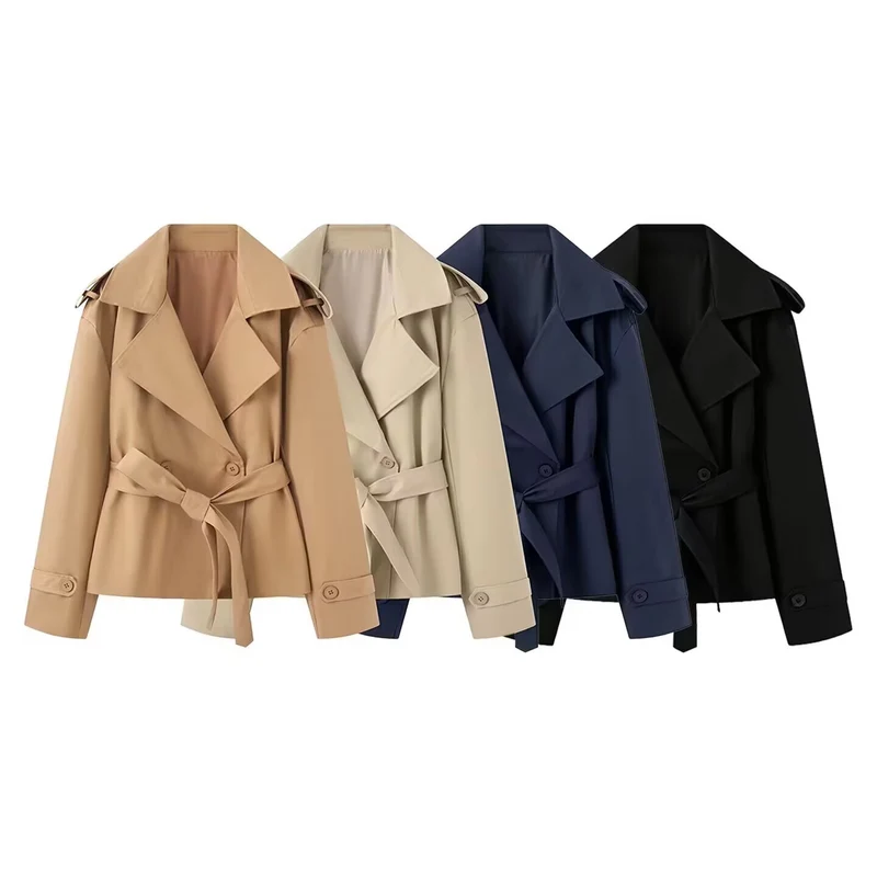 Damen Cropped-Trenchjacke mit weitem Schalkragen und Taillenbindegürtel Drune