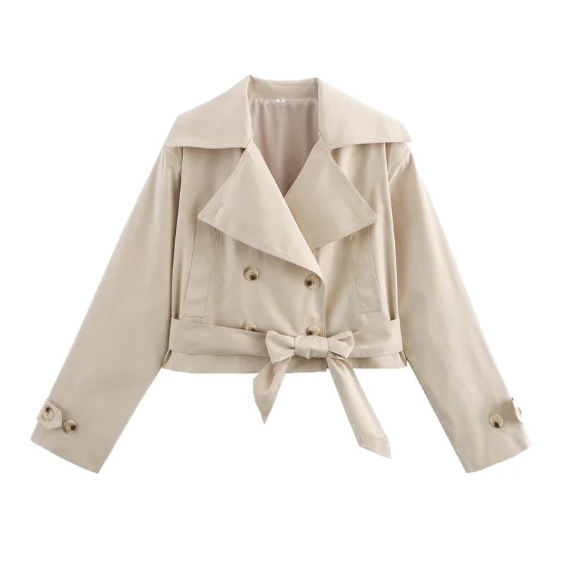 Damen Cropped Trenchjacke im Boxy‑Schnitt mit weitem Revers und Bindeschleife Drune