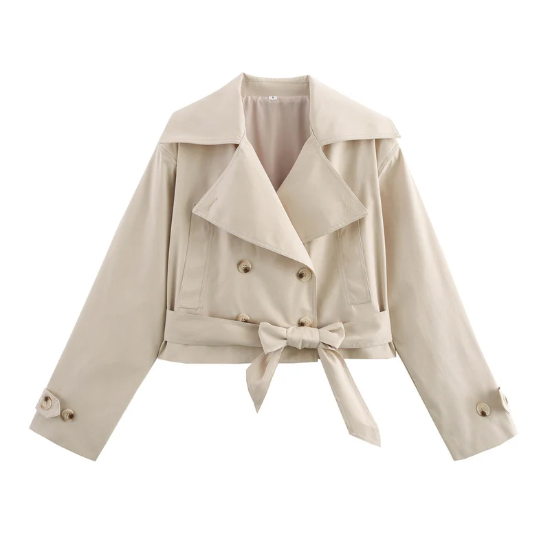 Damen Cropped Trenchjacke im Boxy‑Schnitt mit weitem Revers und Bindeschleife Drune