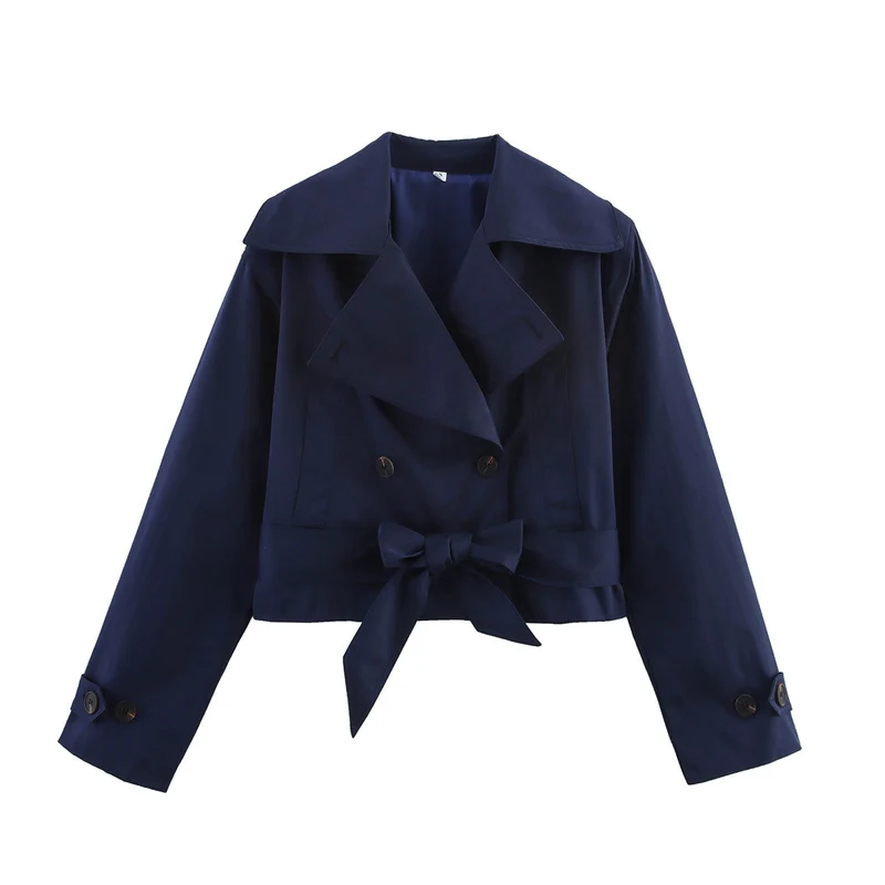 Damen Cropped Trenchjacke im Boxy‑Schnitt mit weitem Revers und Bindeschleife Drune