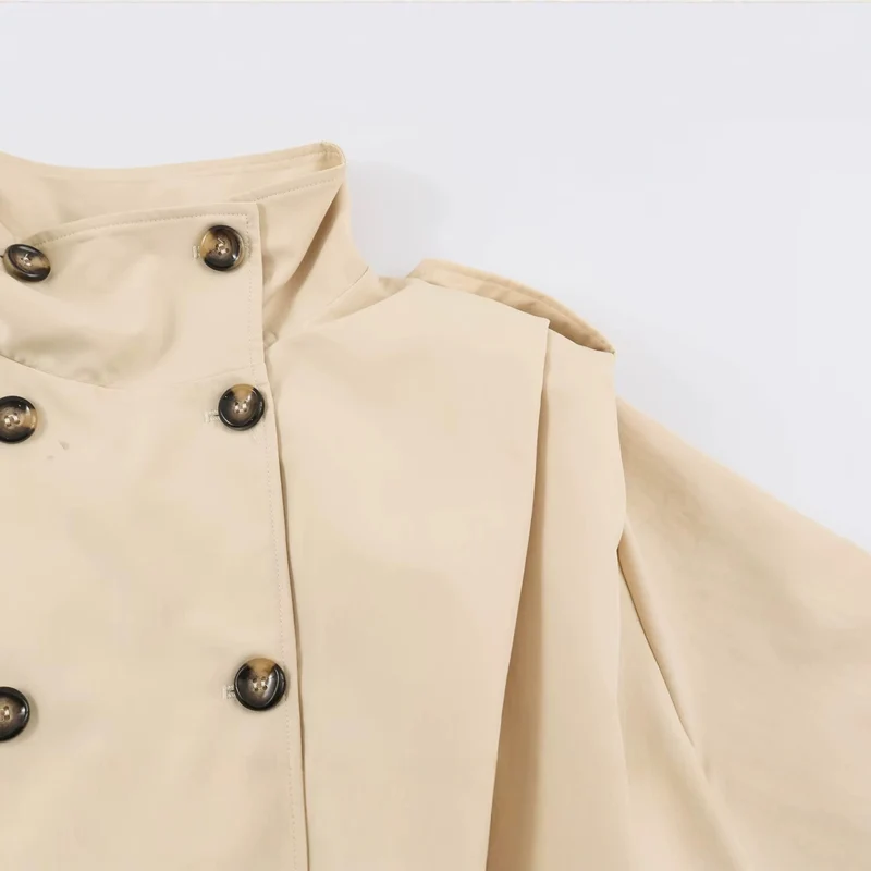 Damen Cropped-Trenchjacke im Blousonstil mit Stehkragen und doppelreihiger Knopfleiste Drune