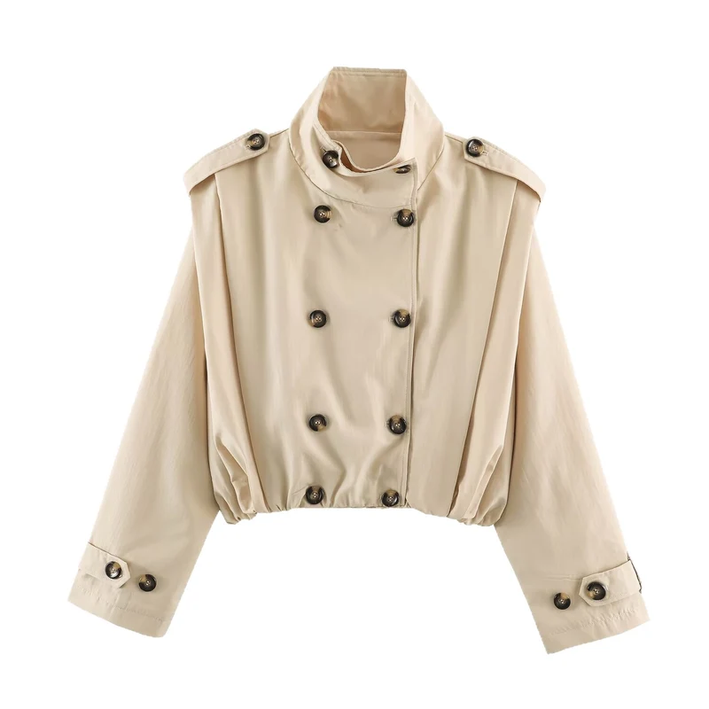 Damen Cropped-Trenchjacke im Blousonstil mit Stehkragen und doppelreihiger Knopfleiste Drune