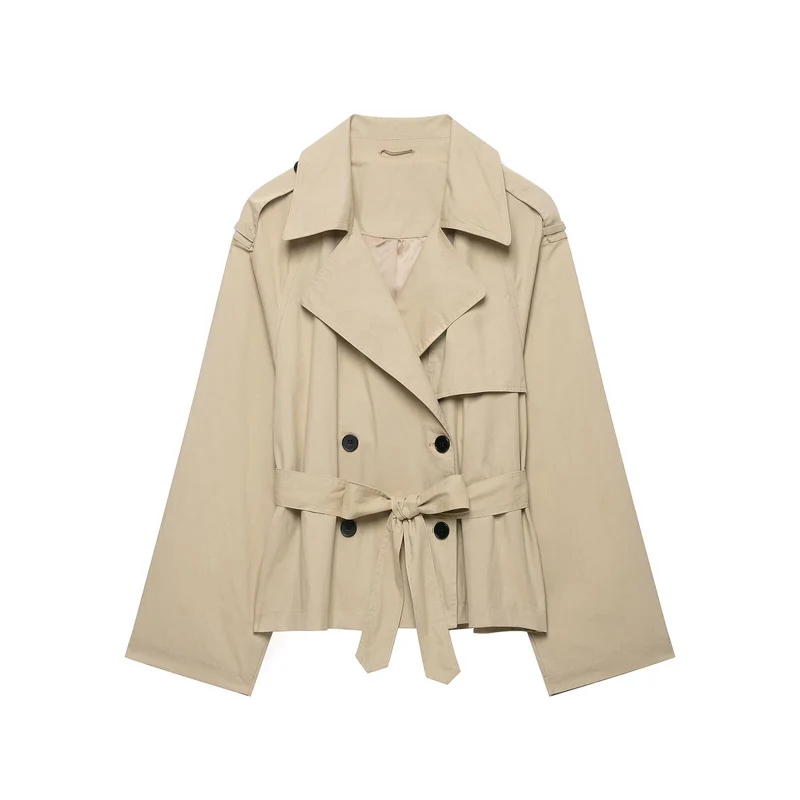 Damen Cropped-Trenchcoat mit Taillengürtel und weitem Ärmel Drune