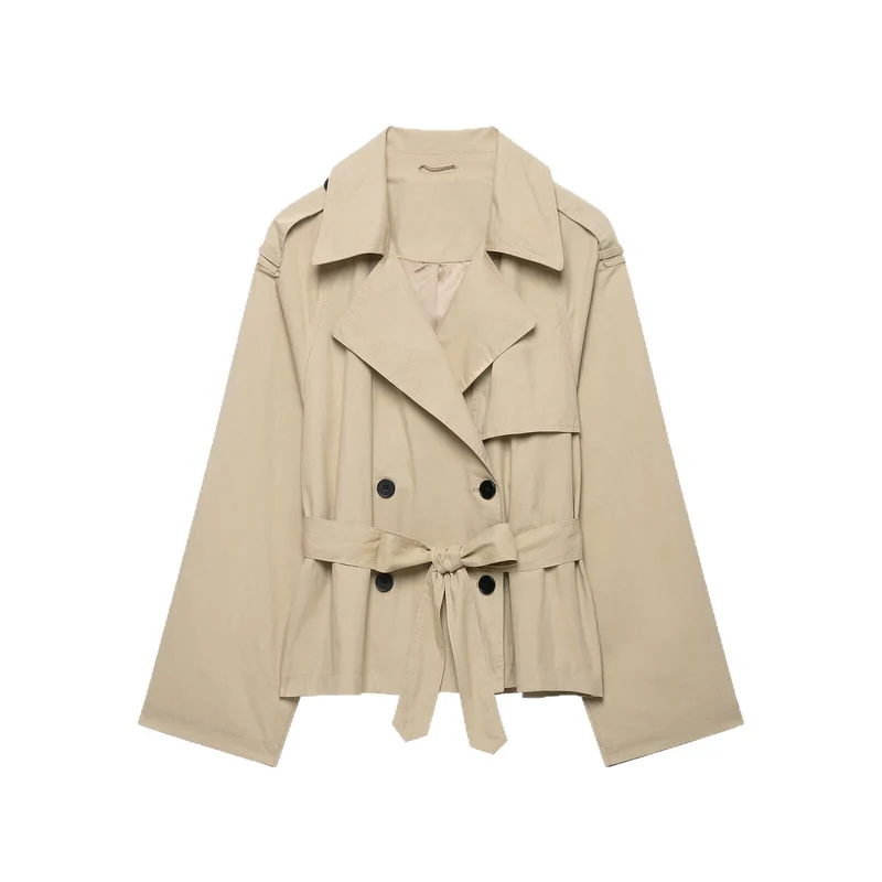 Damen Cropped-Trenchcoat mit Taillengürtel und weitem Ärmel Drune