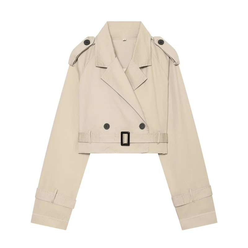 Damen Cropped-Trenchcoat mit doppelreihiger Knopfleiste, Schulterklappen und Taillengürtel Drune
