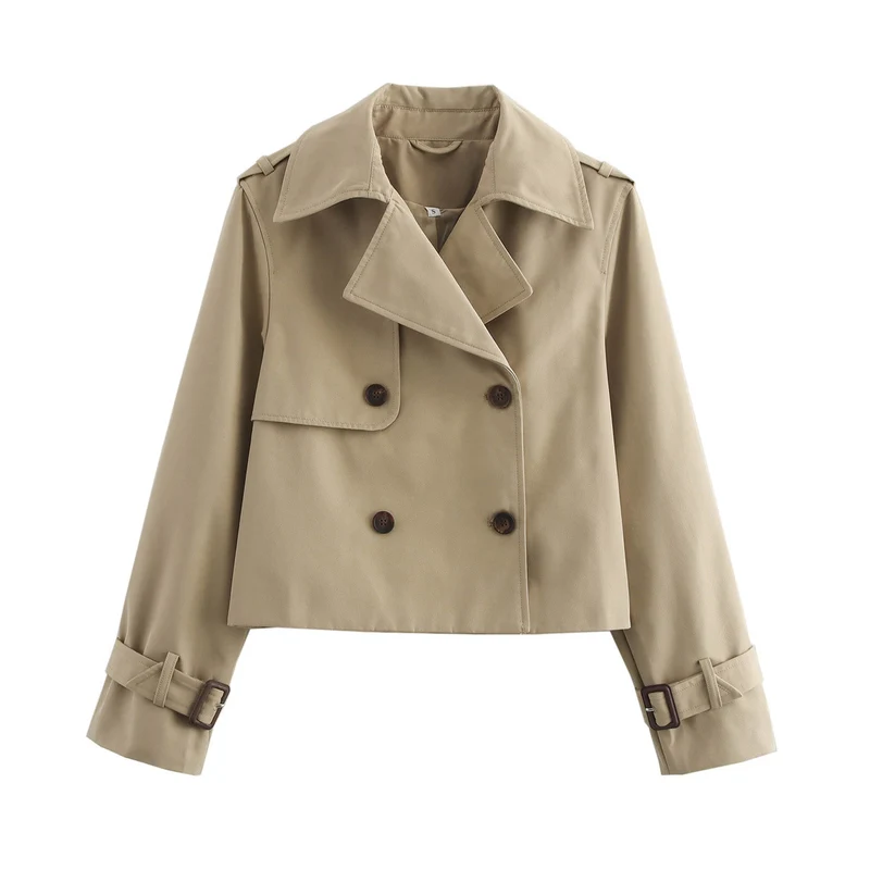 Damen Cropped Trenchcoat mit Doppelreihe und verstellbaren Manschetten Drune