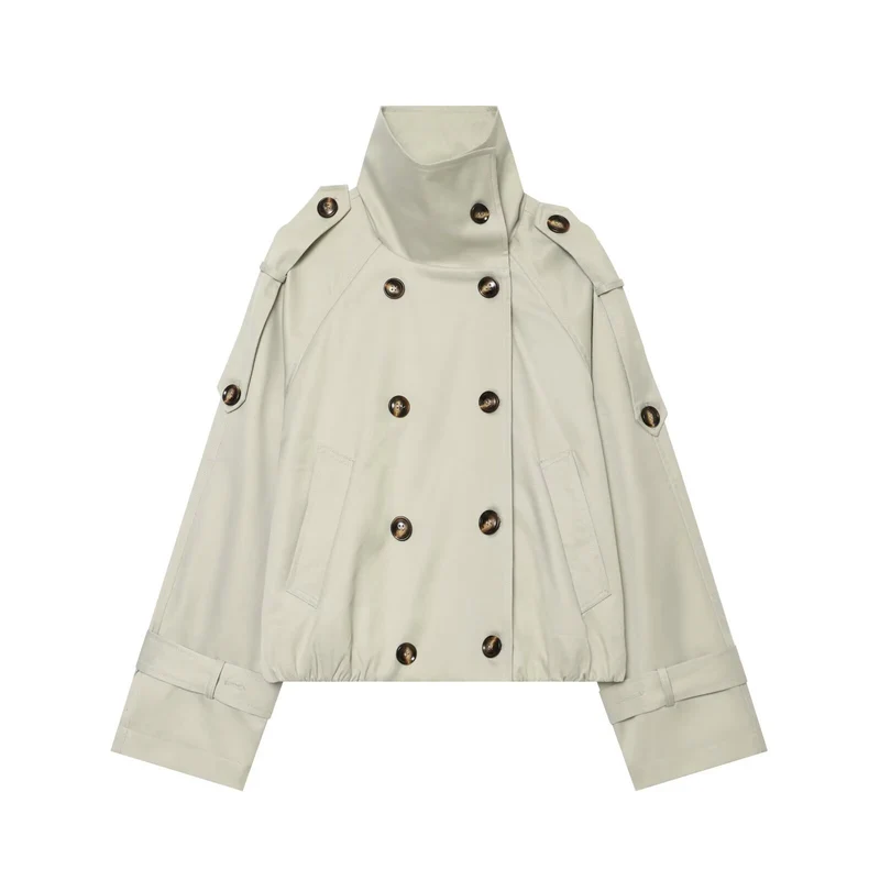 Damen Cropped-Trenchcape mit hohem Funnelkragen und Schulterriegeln Drune