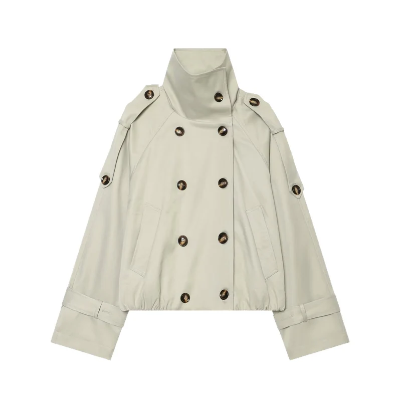 Damen Cropped-Trenchcape mit hohem Funnelkragen und Schulterriegeln Drune