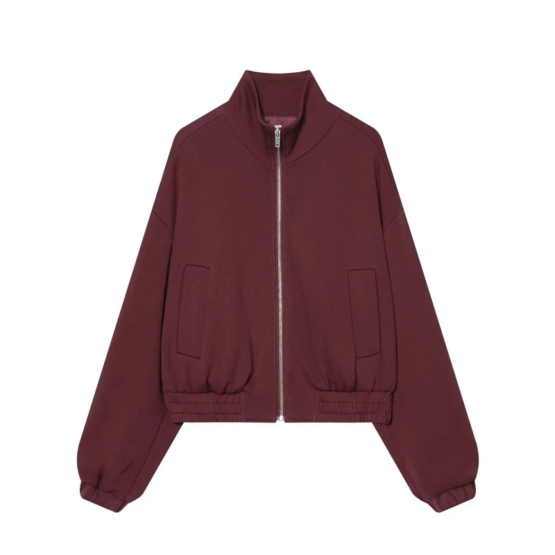 Damen Cropped Sweat-Bomberjacke mit hohem Stehkragen und elastischem Taillenbund Drune