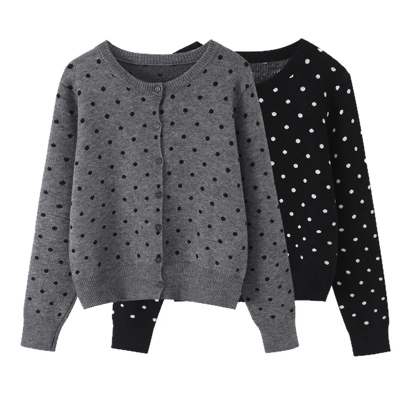 Damen Cropped Strickjacke mit Rundhalsausschnitt und Punktstruktur Drune