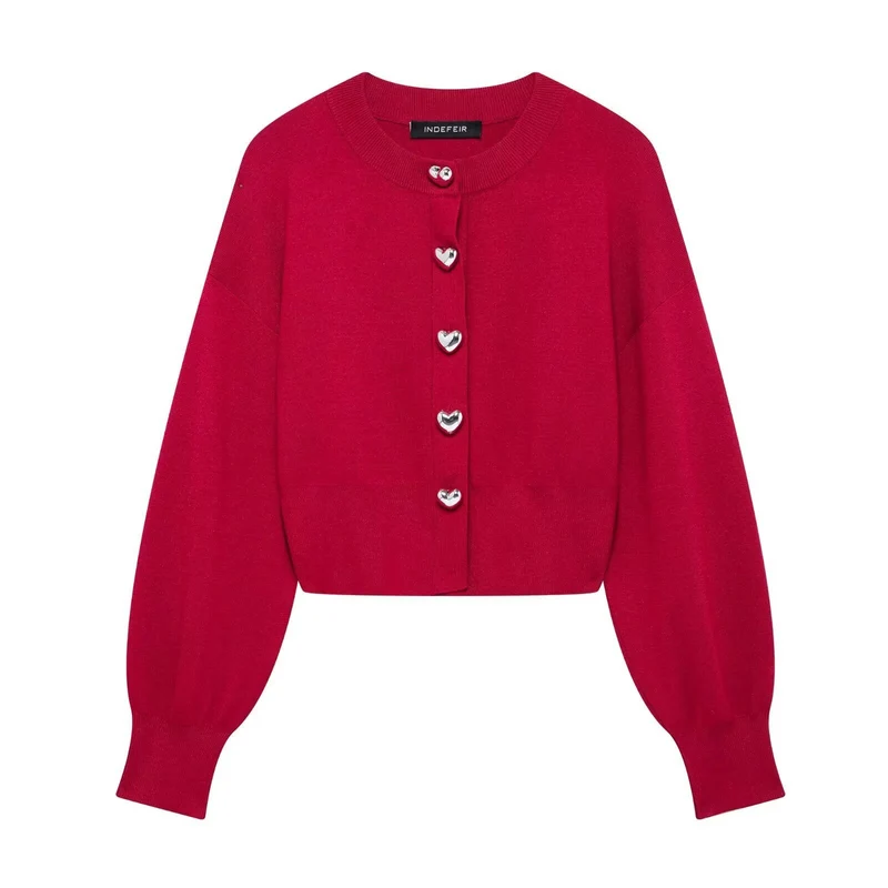 Damen Cropped Strickcardigan mit Ballonärmeln und Herz‑Zierknöpfen Drune