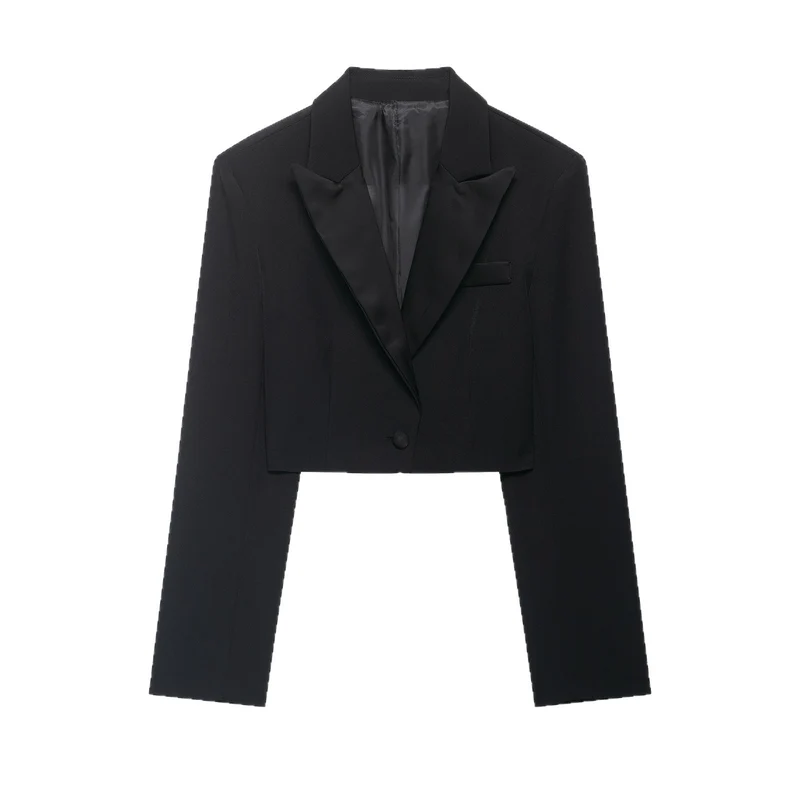 Damen Cropped Smokingsakko im Tuxedo‑Stil mit spitzem Satinrevers Drune