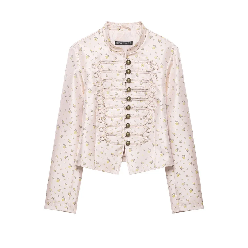 Damen Cropped‑Satin‑Jacke mit Mandarinkragen und dekorativer Kordierung Drune