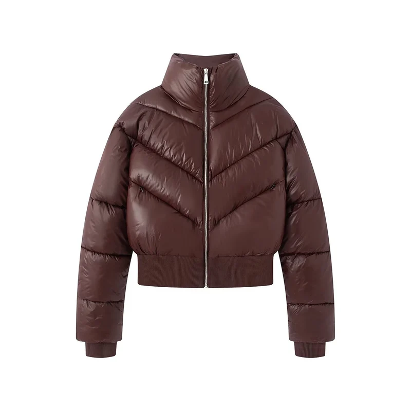 Damen Cropped Pufferjacke mit hohem Stehkragen und breitem Rippenbund Drune