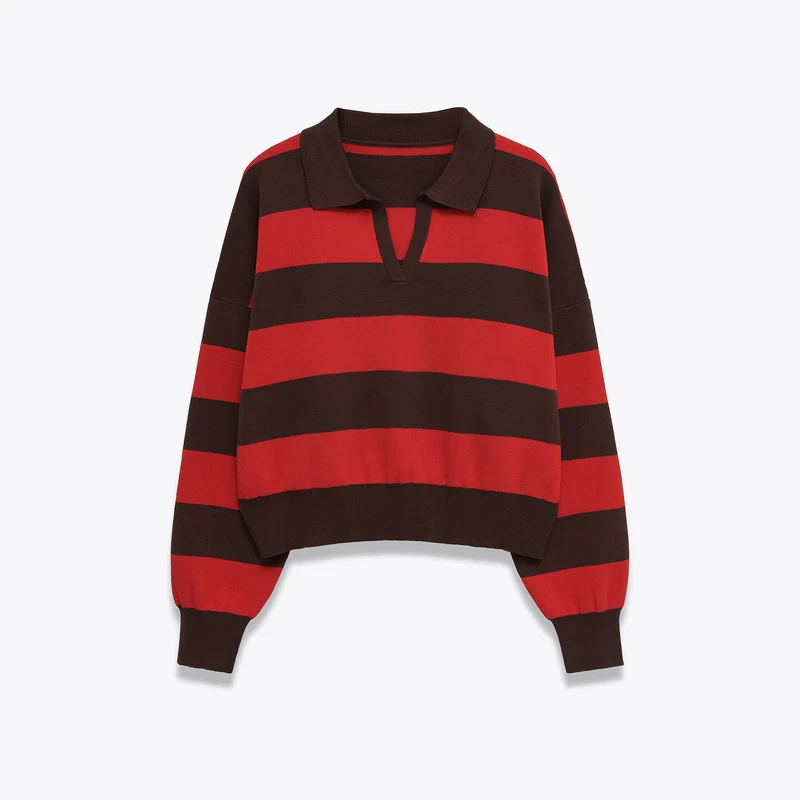 Damen Cropped Oversize Rugby-Pullover mit Polokragen und tiefem V‑Ausschnitt Drune