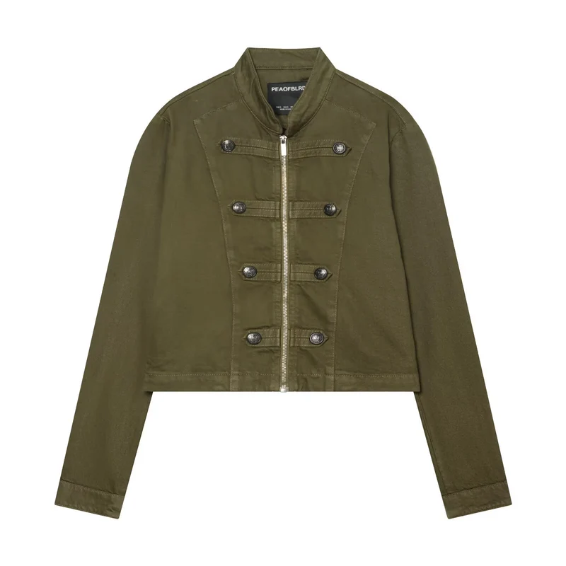 Damen Cropped Military‑Jacke mit Stehkragen, Zierknöpfen und Reißverschluss Drune
