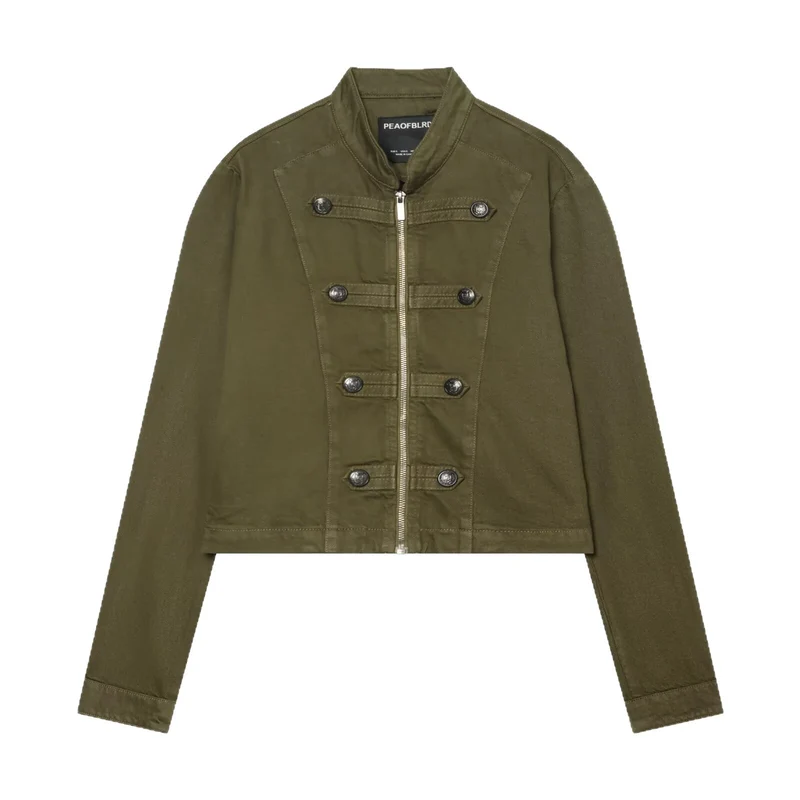 Damen Cropped Military‑Jacke mit Stehkragen, Zierknöpfen und Reißverschluss Drune