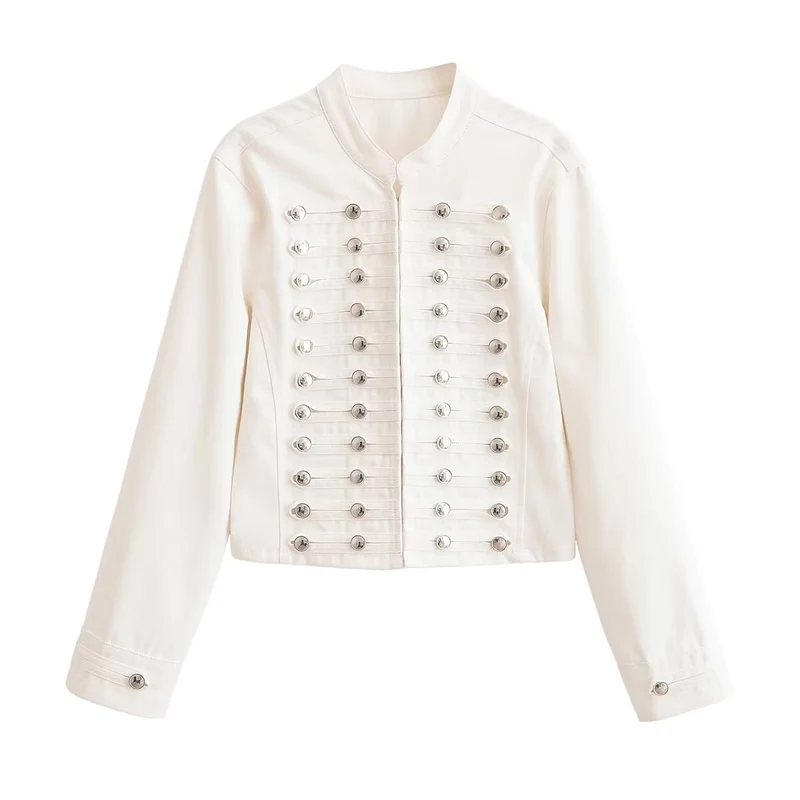 Damen Cropped Militärjacke mit Stehkragen und dekorativer Zierknopfleiste Drune