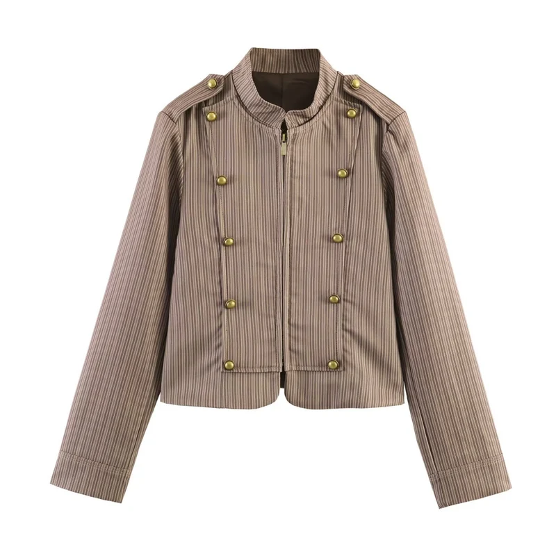 Damen Cropped-Militärjacke im Nadelstreifen mit Stehkragen, Epauletten und dekorativen Messingknöpfen Drune
