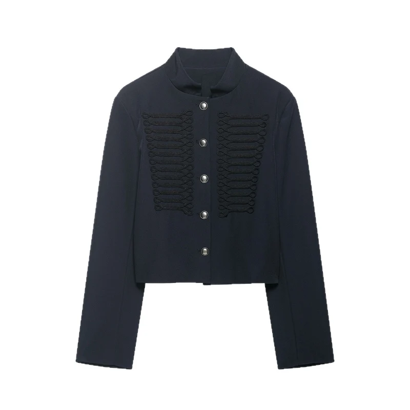 Damen Cropped militärinspirierte Kurzjacke mit Stehkragen und Zierkordeln Drune