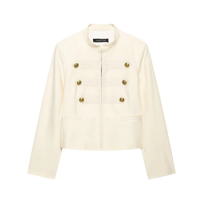 Damen Cropped Militärblazer mit Stehkragen, Zierstreifen und goldenen Statementknöpfen Drune