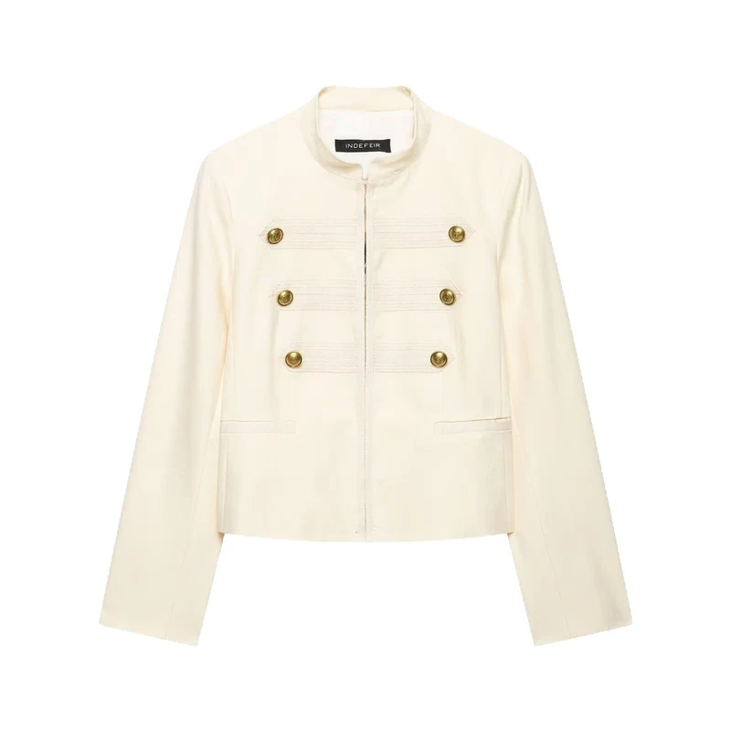 Damen Cropped Militärblazer mit Stehkragen, Zierstreifen und goldenen Statementknöpfen Drune